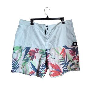 Hurley Men's Board Short Size 36 Blue Multi‎ Leaf Print Tropical Pocket Casual